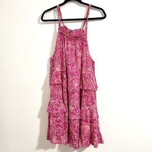 Anthropologie Fate Floral Flowy Mini Dress Size L Pink Tiered Ruffle Resort
